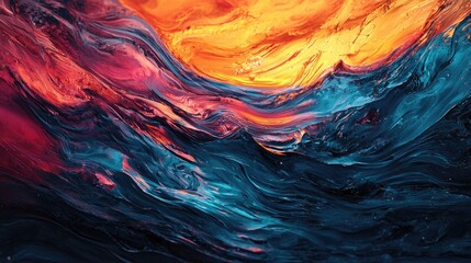 An abstract blend of a roaring ocean with a vibrant sunset, creating a dynamic scene full of motion and color.