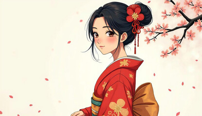 Fototapeta premium beautiful Japanese woman in a red kimono under the cherry blossoms