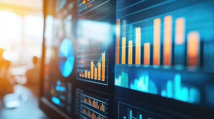 A focused individual presenting KPIs on a presentation screen, other team members attentively listening, the environment is well-lit and organized, suggesting professiona