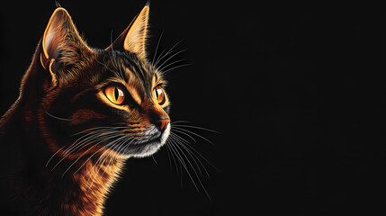 Domestic abyssinian cat with amber eyes staring off to the side on a black background. Abyssinian. Illustration