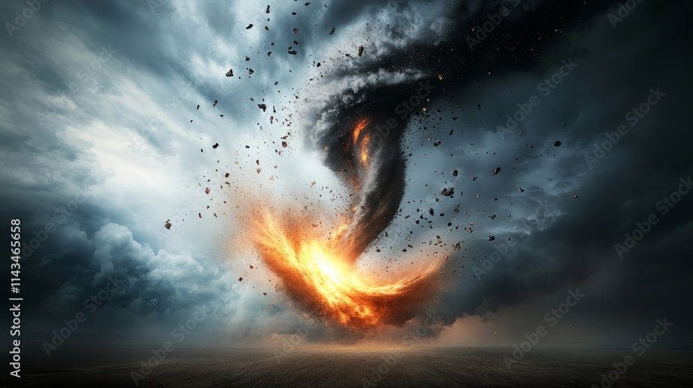 Poster dramatic twisting vortex with fiery explosion surrounded by dark clouds and debris, representing cha