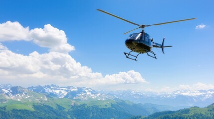 Fototapeta na wymiar Peak travel blends adventure with luxury. Helicopter flying over mountains with a clear blue sky.