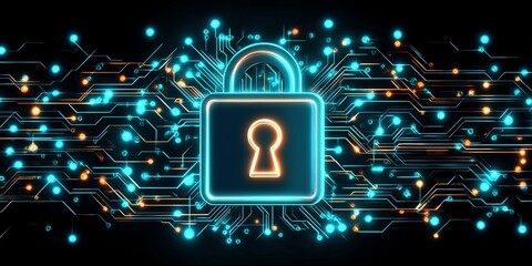 A glowing padlock symbolizing digital security over a backdrop of circuit lines and glowing data streams.