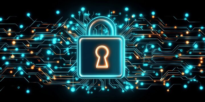 A glowing padlock symbolizing digital security over a backdrop of circuit lines and glowing data streams.