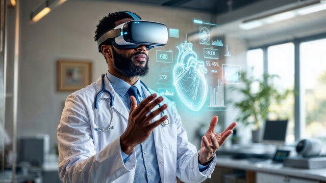 Mid adult male African American doctor using virtual reality headset, interacting with a 3D hologram of a heart model with health data. Medical professional experiencing innovative medical technology - Powered by Adobe