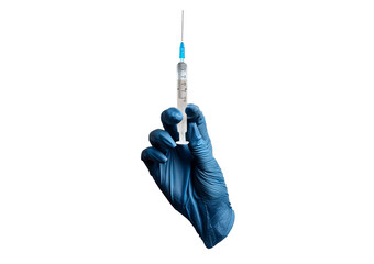Female hand in medical glove hold syringe isolated on a transparent or white background