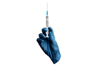 Female hand in medical glove hold syringe isolated on a transparent or white background
