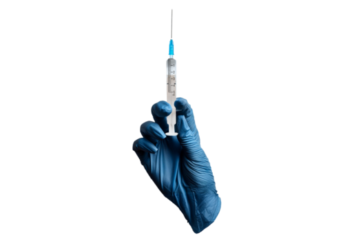 Female hand in medical glove hold syringe isolated on a transparent or white background