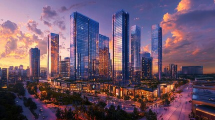 A panoramic view of a bustling city skyline at sunset, featuring tall buildings and warm orange and purple hues reflecting off the glass surfaces, symbolizing opportunity