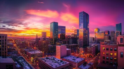 Obraz premium A panoramic view of a bustling city skyline at sunset, featuring tall buildings and warm orange and purple hues reflecting off the glass surfaces, symbolizing opportunity