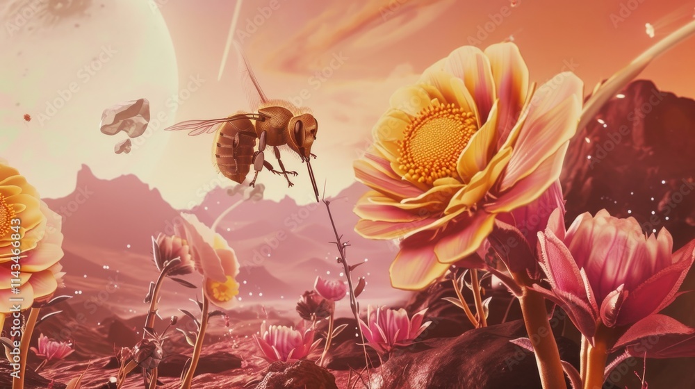 Poster a surreal image of a bee hovering near oversized flowers in an alien-like, vivid red terrain under a