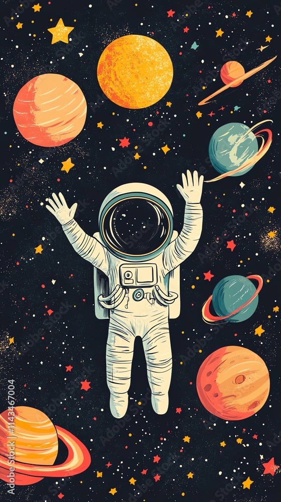 Poster an astronaut floats in space surrounded by colorful planets and stars.