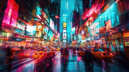 An innovative visual featuring distorted shapes and bright neon colors, showcasing an abstract view of a city, creating an energetic and modern vibe that captivates the v