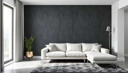 Urban Modern Living Room Wallpaper with sleek lines and metallic accents. The skirting boards are painted in steel gray.