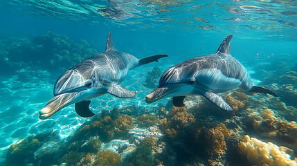 Fototapeta premium Two dolphins glide gracefully through clear turquoise water, surrounded by sunlight reflections and vibrant coral reefs in a peaceful underwater scene.