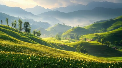 A landscape combines traditional painting techniques with modern graphic designs, creating a stunning visual representation of nature splendor.