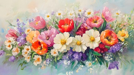 Vibrant Spring Bouquet Oil Painting Colorful Flowers