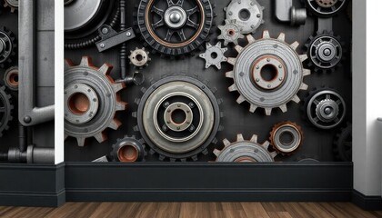 Industrial Revolution Living Room Wallpaper with mechanical gears and steel tones. The skirting boards are painted in charcoal.