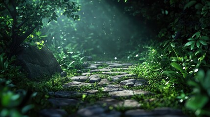 Fototapeta premium A shadowy forest path leading into darkness, where light barely penetrates, instilling a sense of mystery and wonder.
