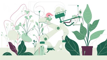 Illustration of a humanoid robot working with plants in a futuristic greenhouse setting, depicting sustainable innovation and environmental care. AI generated.