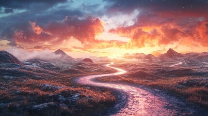 Fototapeta premium A winding road cutting through a turbulent landscape, representing life unpredictable journey against a backdrop of changing skies and distant mountains.