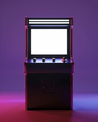 Arcade Cabinet with Blank Screen on Purple Background