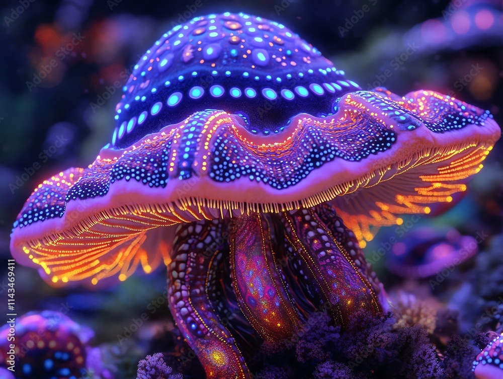 Aufkleber a vibrant, bioluminescent mushroom with intricate patterns and glowing features.