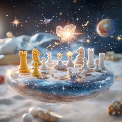 Surreal Chessboard in Cosmic Space with Stars and Planets Around