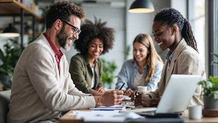 Group of diverse coworkers collaborating on project at modern office workspace. Smiling colleagues discussing ideas at work, taking notes and using laptop computer during productive business meeting