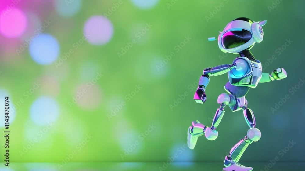 Aufkleber a sleek humanoid robot in motion, set against a blurred green background with vibrant bokeh effects,