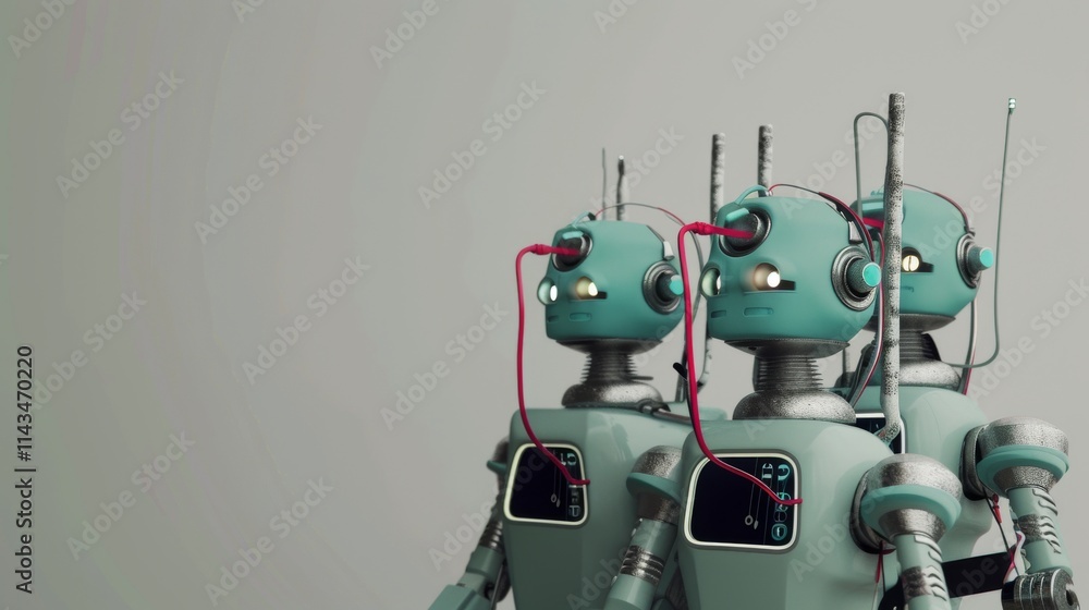 Poster a group of turquoise, retro-styled robots connected by red wires, showcasing a nostalgic sci-fi aest
