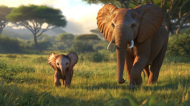 Adult and baby elephant walking in African savanna at sunrise. - Powered by Adobe