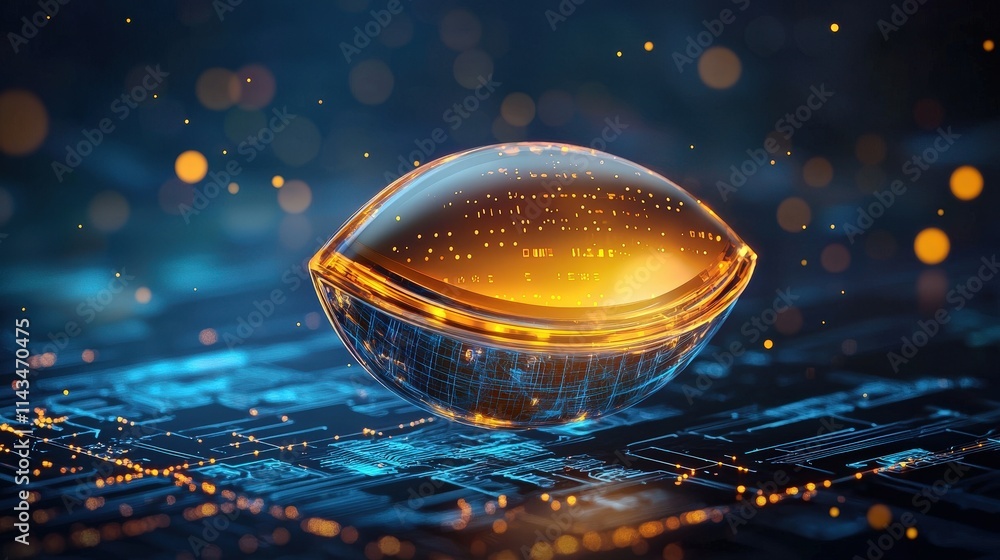 Poster glowing shield hovering over a digital grid, symbolizing data protection