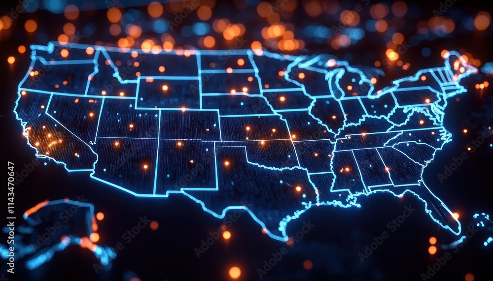 Poster cyberpunk map of the usa with cyber shield and encrypted data symbols for national data protection
