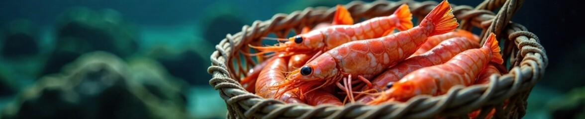 A basket or net filled with fresh North Sea shrimps, fishing gear, underwater scene, seafood
