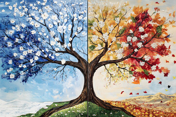 Artistic representation of a tree split between winter and autumn, symbolizing seasonal transitions, change, and the beauty of nature through contrasting colors and weather