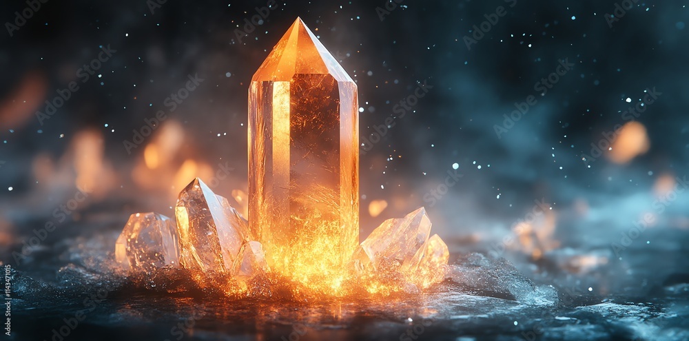 Aufkleber a glowing crystal formation surrounded by mist and light, creating a mystical atmosphere.