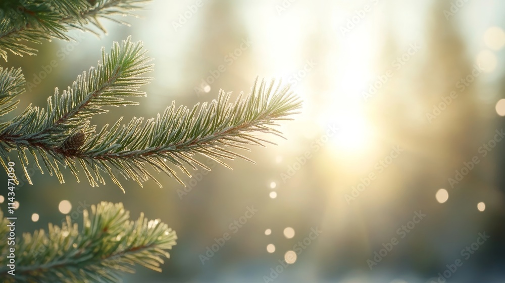 Aufkleber close-up of frosty pine branches glimmering in soft winter light with a beautiful background of blur