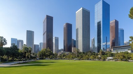 A modern metropolitan skyline featuring reflective glass towers and business office buildings under a clear blue sky, showcasing contemporary urban architecture. 