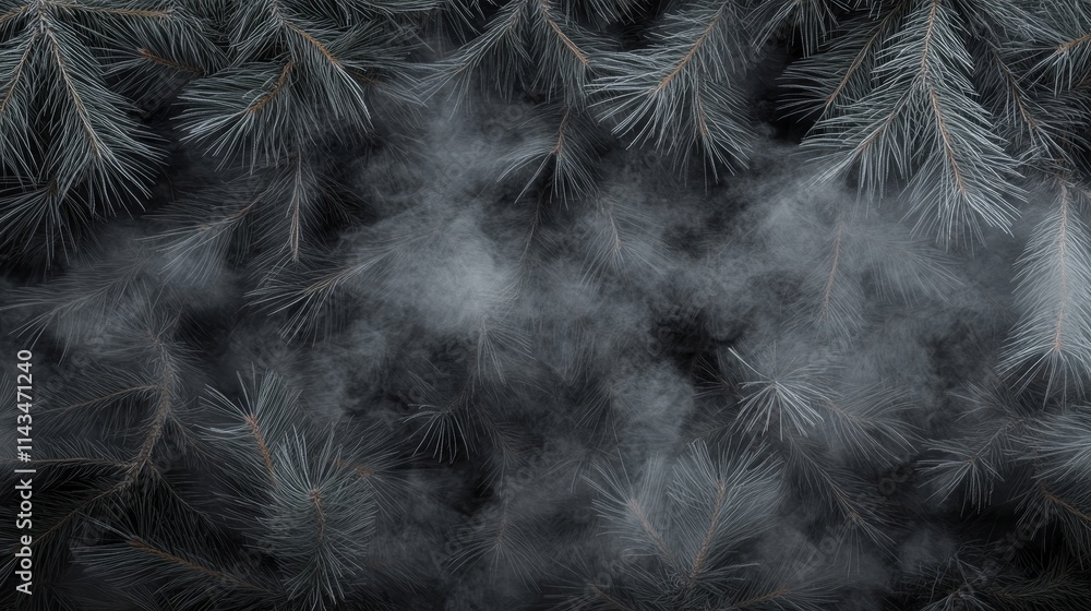 Poster enigmatic background of pine needles surrounded by ethereal mist, creating a serene and calming atmo