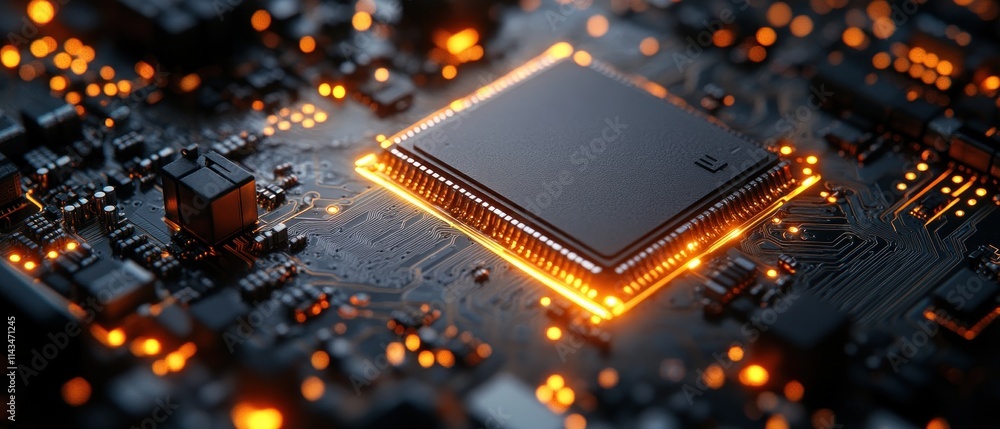 Poster Futuristic Microchip Close Up with Glowing Circuits and API Concept