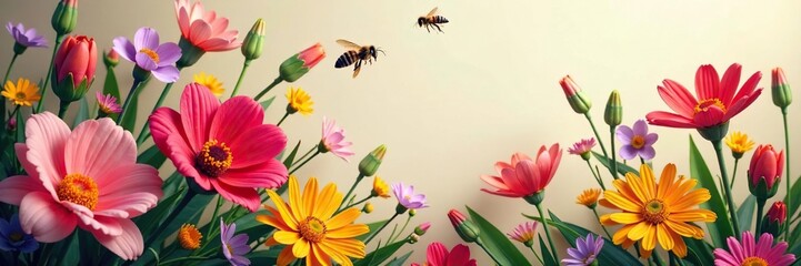 A beautiful floral arrangement featuring colorful flowers and buzzing bees, bouquet, flowers