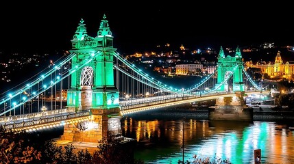 Obraz premium Illuminated Bridge Reflecting on Calm Waterway in a Scenic Nighttime Cityscape