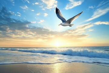 Seagull soaring over ocean waves at sunset. Perfect for travel, freedom, or peace themes.