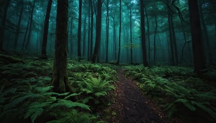 Obraz premium Gloomy spooky foggy dark forest landscape Mysterious horror forest background 3D illustration 857