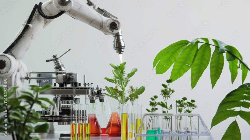 Poster a sophisticated robotic arm operating in a laboratory, experimenting with plants and colorful liquid