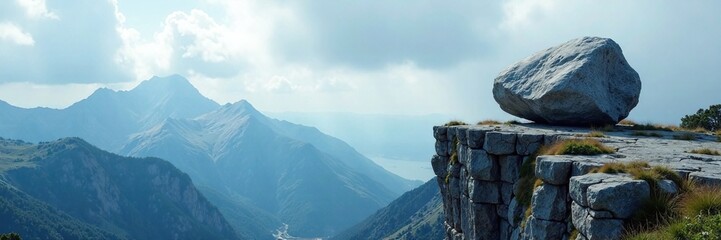 A large boulder perches on a cliff edge, overlooking the endless expanse of a blue and gray sky, rock, vast space, mountains
