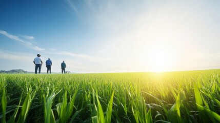 Serene Landscape of Farmers Observing Lush Green Rice Field Under Bright Sky at Sunrise, Capturing the Essence of Agriculture and Nature's Beauty