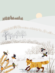 Naklejka premium vector drawing winter landscapes with great tit birds, red fox, snow, sun and trees, hand drawn illustration