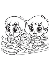 Boy run race with donut coloring page education design